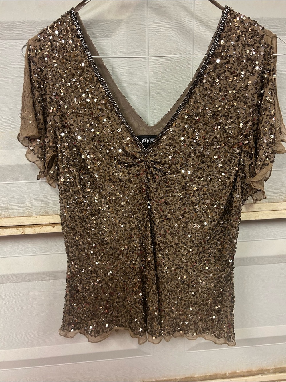 Adrianna Papell Bronze Sequin V-Neck Ruffle Sleeve Top